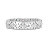 The ROYAL PRINCESS FLOWER WIDE DIAMOND BRACELET by Roberto Coin features engraved four-petal floral motifs with sparkling diamonds and a pink gemstone detail inside, echoing royal elegance.