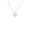 The Roberto Coin Petite Venetian Princess Diamond and Satin Finish Small Flower Necklace features a delicate four-petal floral pendant with intricate details, displayed on a plain white background.