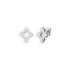 The PETITE VENETIAN PRINCESS DIAMOND AND SATIN FINISH SMALL FLOWER STUD EARRINGS by Roberto Coin feature intricate four-petal blooms with textured detailing on each petal, shown against a plain white background.