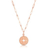 The VENETIAN PRINCESS DIAMOND AND SATIN FLOWER CUT OUT MEDALLION NECKLACE by Roberto Coin features a rose gold chain with elongated links and a round medallion adorned with floral cutouts and sparkling diamond accents.