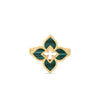 The VENETIAN PRINCESS SMALL MALACHITE FLOWER RING by Roberto Coin features an 18K yellow gold four-petal floral design with dark green malachite accents and an openwork center, shown against a plain white background.