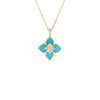 The VENETIAN PRINCESS DIAMOND AND TURQUOISE SMALL FLOWER NECKLACE by Roberto Coin features a four-petal flower pendant in 18K yellow gold with blue enamel petals, turquoise, and sparkling diamonds on a delicate chain.
