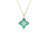 The VENETIAN PRINCESS DIAMOND AND TURQUOISE SMALL FLOWER NECKLACE by Roberto Coin features a four-petal flower pendant in 18K yellow gold with blue enamel petals, turquoise, and sparkling diamonds on a delicate chain.