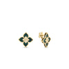 Roberto Coin VENETIAN PRINCESS Diamond and Malachite Small Flower Stud Earrings in 18K yellow gold, with green malachite petals and central diamonds, displayed from front and side on a white background.
