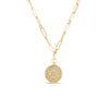 The Roberto Coin Venetian Princess Small Satin Medallion Necklace features a gold chain with elongated links and a round, textured medallion adorned with a diamond flower detail.