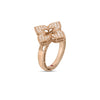 The Roberto Coin VENETIAN PRINCESS PAVE DIAMOND MEDIUM FLOWER RING in rose gold features a pavé diamond four-leaf clover design and intricate band detailing, shown on a white background.