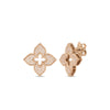 The Roberto Coin VENETIAN PRINCESS PAVE DIAMOND MEDIUM FLOWER STUD EARRINGS feature four-petal flower shapes in 18K gold with pavé diamond studs and a central cutout, shown against a plain white background.