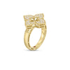 The VENETIAN PRINCESS PAVE DIAMOND MEDIUM FLOWER RING by Roberto Coin features 18K gold, twisted rope detailing, and a pavé diamond flower motif, shown against a white background.