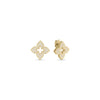 The VENETIAN PRINCESS PAVE DIAMOND MEDIUM FLOWER STUD EARRINGS by Roberto Coin shine with pavé diamonds in a four-petal floral design, set in 18K gold and displayed on a plain white background.