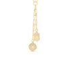 Gold necklace with two dangling  medallion diamond pendant charms on a white background