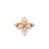 The VENETIAN PRINCESS OPEN FRAME DIAMOND FLOWER RING by Roberto Coin is crafted in 18K rose gold, featuring a symmetrical four-petal floral design highlighted by white diamonds and polished to elegant perfection.