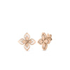 The VENETIAN PRINCESS OPEN FRAME DIAMOND FLOWER STUD EARRINGS by Roberto Coin feature 18K rose gold, an open four-petal floral motif, and delicate diamond accents for a refined, symmetrical look.