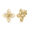 Gold stud earrings with four-petal flower design featuring open frames and diamond accents.