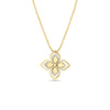 The VENETIAN PRINCESS OPEN FRAME DIAMOND FLOWER NECKLACE by Roberto Coin features a four-petal diamond flower in 18K yellow gold with Italian craftsmanship, suspended from a delicate beaded chain.