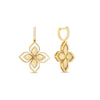 The VENETIAN PRINCESS OPEN FRAME DIAMOND FLOWER EARRINGS by Roberto Coin feature a four-petal floral design in 18K yellow gold, accented with white diamonds. Shown in front and side views against a white background.