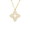The VENETIAN PRINCESS PAVE DIAMOND LARGE FLOWER LONG NECKLACE by Roberto Coin features an 18K yellow gold paperclip chain and a pavé diamond clover pendant with an open center, highlighting exquisite Italian craftsmanship.