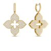 The VENETIAN PRINCESS PAVE DIAMOND LARGE FLOWER DROP EARRINGS by Roberto Coin feature four-petal floral shapes in 18K yellow gold, open centers, textured edges, and pavé-set white diamonds. Shown from front and side views.