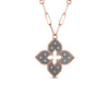 The VENETIAN PRINCESS DIAMOND AND TITANIUM FLOWER LONG NECKLACE by Roberto Coin features a four-petal brushed titanium flower with a dark gray center and diamond accents, set in 18K rose gold on an elongated link chain.