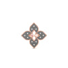 The VENETIAN PRINCESS DIAMOND AND TITANIUM FLOWER RING by Roberto Coin features four black petals edged in rose gold, each with a petite diamond, and a gold center accent set with a small red gemstone against a white background.