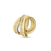 The Roberto Coin CIALOMA DIAMOND CROSSOVER RING features an abstract gold design with two diamond-inlaid bands and a small red gemstone accent, echoing the elegance of a looped pendant.