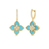 The Roberto Coin Venetian Princess Diamond and Turquoise Drop Earrings showcase a turquoise four-petal flower, diamond accents, and 18K yellow gold for an elegant, radiant look.