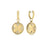 The VENETIAN MEDALLIONS SMALL DROP EARRINGS by Roberto Coin are crafted in 18K yellow gold with a twisted rope edge, floral leaf patterns, and small diamonds. Elegant dangle earrings shown from front and side views.
