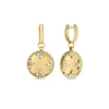 The VENETIAN MEDALLIONS SMALL DROP EARRINGS by Roberto Coin are crafted in 18K yellow gold with a twisted rope edge, floral leaf patterns, and small diamonds. Elegant dangle earrings shown from front and side views.