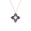 The VENETIAN PRINCESS DIAMOND AND TITANIUM SMALL FLOWER NECKLACE by Roberto Coin features a gold chain with a four-petal floral pendant in blue titanium, gold accents, and diamond details—an elegant, symmetrical design that shines beautifully.
