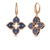 The VENETIAN PRINCESS DIAMOND AND TITANIUM SMALL FLOWER DROP EARRINGS by Roberto Coin showcase a floral quatrefoil design with blue textured petals, rose gold accents, diamond centers, and gold rope edging.