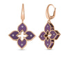 Roberto Coin VENETIAN PRINCESS Diamond and Titanium Small Flower Drop Earrings in rose gold feature four-petaled floral shapes with purple enamel and diamond accents, shown from both front and back views.