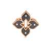The VENETIAN PRINCESS DIAMOND AND TITANIUM SMALL FLOWER RING by Roberto Coin features four black leaf-shaped petals with center diamonds and textured 18K rose gold edges in a floral design.