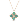 The VENETIAN PRINCESS DIAMOND AND TITANIUM SMALL FLOWER NECKLACE by Roberto Coin features a quatrefoil-shaped pendant with turquoise enamel petals, diamond accents, and gold edging, crafted in elegant 18K rose gold.