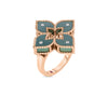 The VENETIAN PRINCESS DIAMOND AND TITANIUM SMALL FLOWER RING by Roberto Coin features an elegant floral design with teal titanium petals, diamond accents, and intricate detailing.
