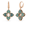 The Roberto Coin VENETIAN PRINCESS DIAMOND AND TITANIUM SMALL FLOWER DROP EARRINGS feature four-petaled flowers in rose gold with textured teal enamel, diamond centers, and rope-like edge detailing.