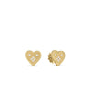 The VENETIAN PRINCESS SMALL HEART MEDALLION STUD EARRINGS by Roberto Coin feature 18K yellow gold hearts with scalloped edges, each accented by five clustered white gemstones on the front.