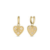 The VENETIAN PRINCESS MEDIUM HEART MEDALLION DROP EARRINGS by Roberto Coin feature gold heart-shaped drops with a textured edge and scattered white gemstones, suspended from matching gold hoops and shown against a white background.