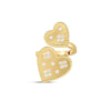 The VENETIAN PRINCESS DOUBLE HEART MEDALLION RING by Roberto Coin features two overlapping textured 18K yellow gold hearts with diamond clusters and a twisted rope border, displayed on a white background.