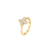 The LOVE IN VERONA MEDIUM PAVE DIAMOND FLOWER RING by Roberto Coin is an elegant 18K yellow gold piece featuring a diamond-encrusted floral design, beautifully displayed against a plain white background.