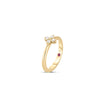 The LOVE IN VERONA SMALL PAVE DIAMOND FLOWER RING by Roberto Coin is crafted in 18K yellow gold, showcasing a butterfly-like cluster of four pavé diamonds and a small red gemstone inside the band, set against a white background.