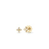 The LOVE IN VERONA SMALL PAVE DIAMOND FLOWER STUD EARRINGS by Roberto Coin feature 18K gold four-petaled blooms, each petal set with a sparkling diamond, displayed against a plain white background.