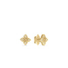 The ARABESQUE CONVERTIBLE DIAMOND FLOWER DROP EARRINGS by Roberto Coin feature four-petal flowers in 18K yellow gold with a central diamond on each petal. Shown on a white background: one front view, one side view.