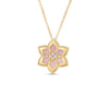 The Roberto Coin VERNAZZA DIAMOND AND PINK OPAL FLOWER NECKLACE showcases an elegant flower pendant in 18K yellow gold, with pink enamel petals, gold edges, and a sparkling cluster of diamonds at the center.