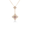 The VENETIAN PRINCESS CARNIVAL PAVE DIAMOND AND MIXED STONES DOUBLE FLOWER LARIAT NECKLACE by Roberto Coin shines with 18K rose gold, diamond accents, and pink gemstones—an elegant floral design inspired by Venetian Carnival style.