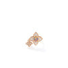 The VENETIAN PRINCESS CARNIVAL PAVE DIAMOND AND MIXED STONES DOUBLE FLOWER RING by Roberto Coin is an 18K rose gold ring with two diamond flower designs and a central purple gemstone, shown on a white background.