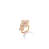 The Roberto Coin VENETIAN PRINCESS CARNIVAL Pave Diamond and Mixed Stones Double Flower Ring features two diamond-encrusted floral motifs with a pink gemstone center, elegantly displayed on a white background.