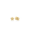 The JASMINE DIAMOND AND POLISHED FINISH SMALL FLOWER EARRINGS by Roberto Coin feature five-petal flowers in 18K yellow gold with textured edges and a central bead, displayed on a white background.