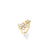 The Roberto Coin JASMINE DIAMOND AND MOTHER OF PEARL DOUBLE FLOWER RING features two flower designs with 18K yellow gold edges and mother-of-pearl petals, shown on a white background.
