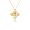 The PRINCESS STAR LARGE DIAMOND STAR NECKLACE by Roberto Coin features a gold flower-shaped pendant with four textured petals and a star-like diamond centerpiece on a delicate 18K gold chain.