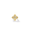 The Roberto Coin PRINCESS STAR LARGE DIAMOND STAR RING features a four-petal floral design in yellow and white gold with a textured finish and a central diamond, shown on a white background.