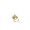 The PRINCESS STAR MEDIUM DIAMOND STAR RING by Roberto Coin is an 18K gold ring featuring a flower-shaped design with four textured petals and a central round diamond, elegantly presented on a white background.